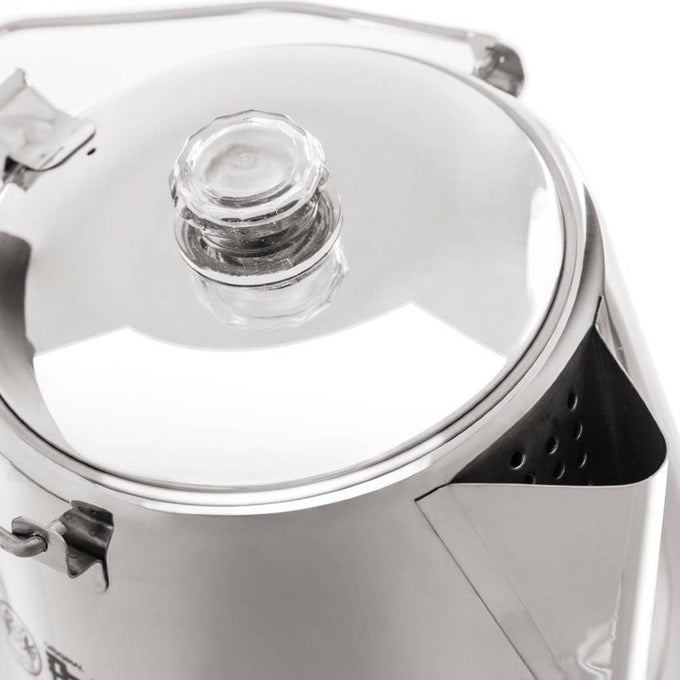 Close-up of a polished stainless steel percolator lid with a clear glass knob and secure latch, designed for gentle brewing in Camping, Kitchen & Food, and Brewing Coffee and Tea collections.