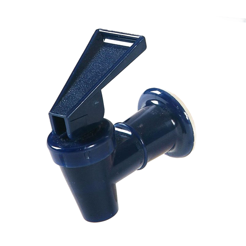 Dark blue durable plastic spigot with lever handle, designed as a replacement part for drink dispensers in Kitchen & Food and Storage and Serving collections, USA Made.
