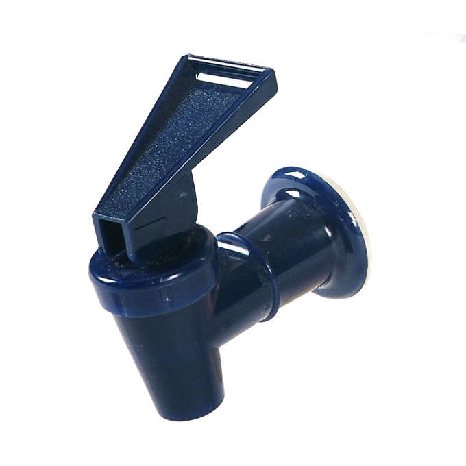 Dark blue durable plastic spigot with lever handle, designed as a replacement part for drink dispensers in Kitchen & Food and Storage and Serving collections, USA Made.