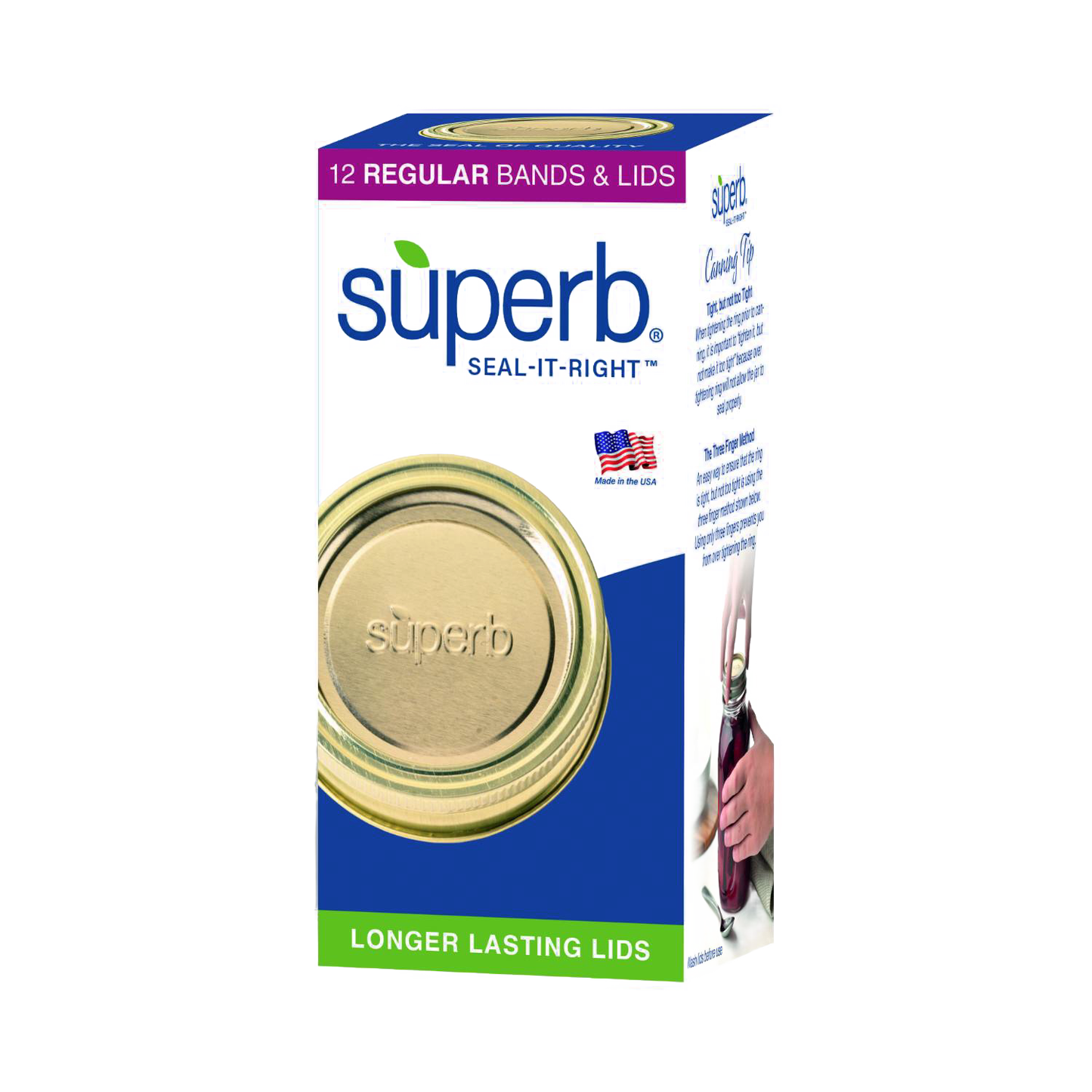 Box of 12 gold-toned metal canning jar lids and bands with BluSeal™ technology, crafted in USA for Kitchen & Food, Food Preservation, Canning, and Best Sellers collections.