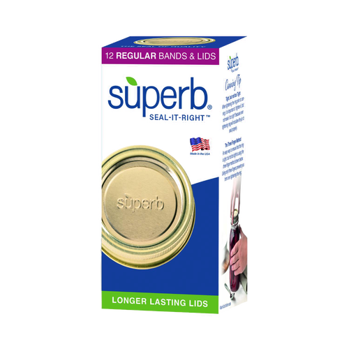Box of 12 gold-toned metal canning jar lids and bands with BluSeal™ technology, crafted in USA for Kitchen & Food, Food Preservation, Canning, and Best Sellers collections.