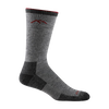 Gray mid-calf hiking sock with cushioned sole, reinforced heel and toe, featuring mountain logo and red trim, crafted for durability and comfort in Health & Wellness and Camping collections.