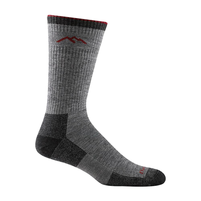 Gray mid-calf hiking sock with cushioned sole, reinforced heel and toe, featuring mountain logo and red trim, crafted for durability and comfort in Health & Wellness and Camping collections.