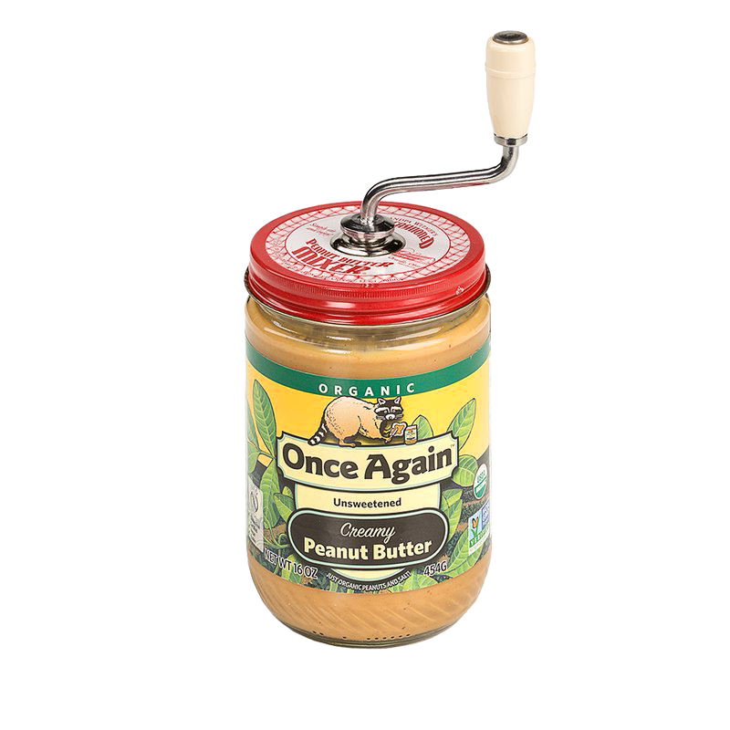 Classic peanut butter stirrer with molded plastic knob attached to a jar of creamy organic peanut butter, designed to prevent oily messes, ideal for Kitchen & Food and USA Made collections.