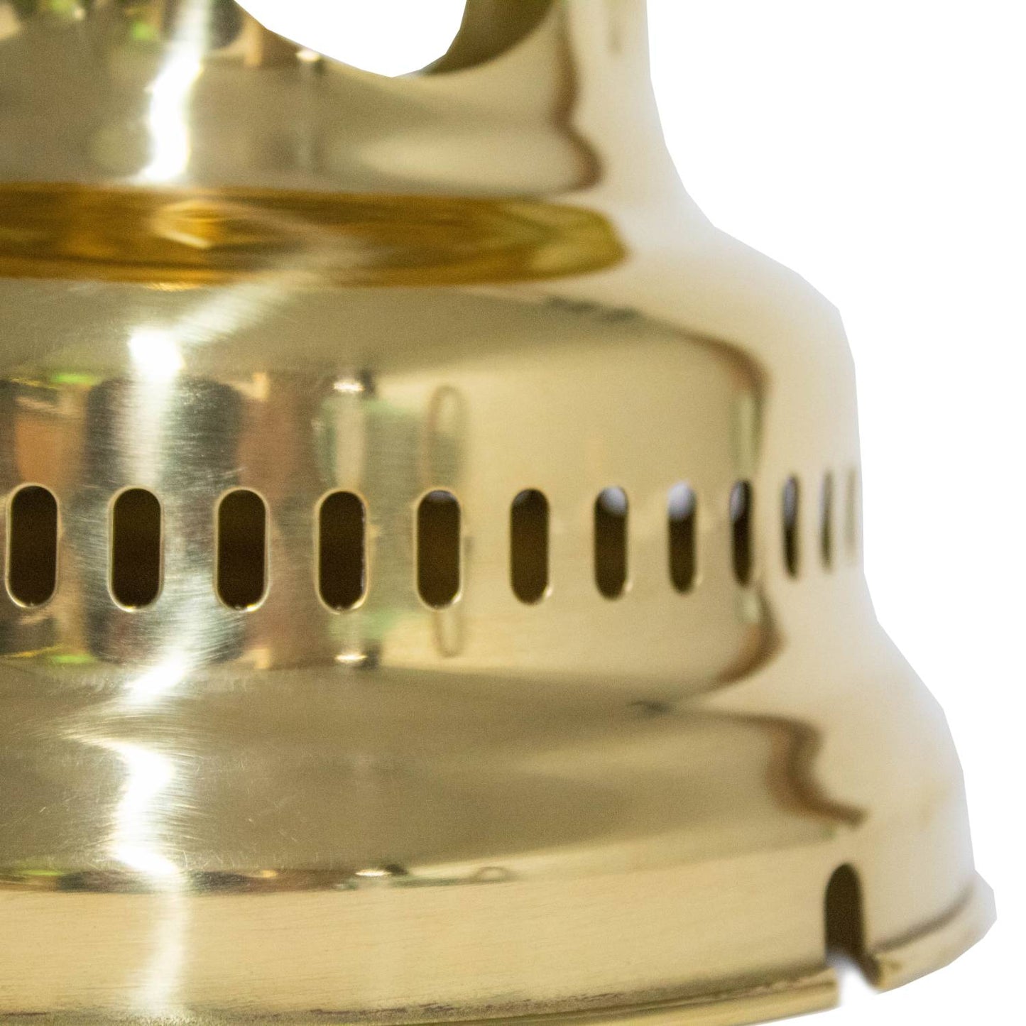 Close-up of a polished brass lamp hood with ventilation slots and smooth finish, designed for airflow and protection, featured in Lamps & Lighting, Parts and Accessories, Best Sellers, and Promo Eligible collections.