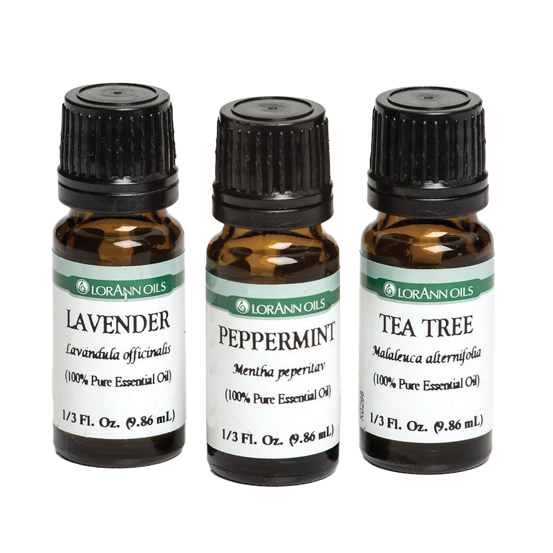 Three amber glass bottles of essential oils labeled lavender, peppermint, and tea tree, each featuring black caps and detailed botanical names, suitable for Health & Wellness, Soaps and Soapmaking, and Candles and Candlemaking collections.