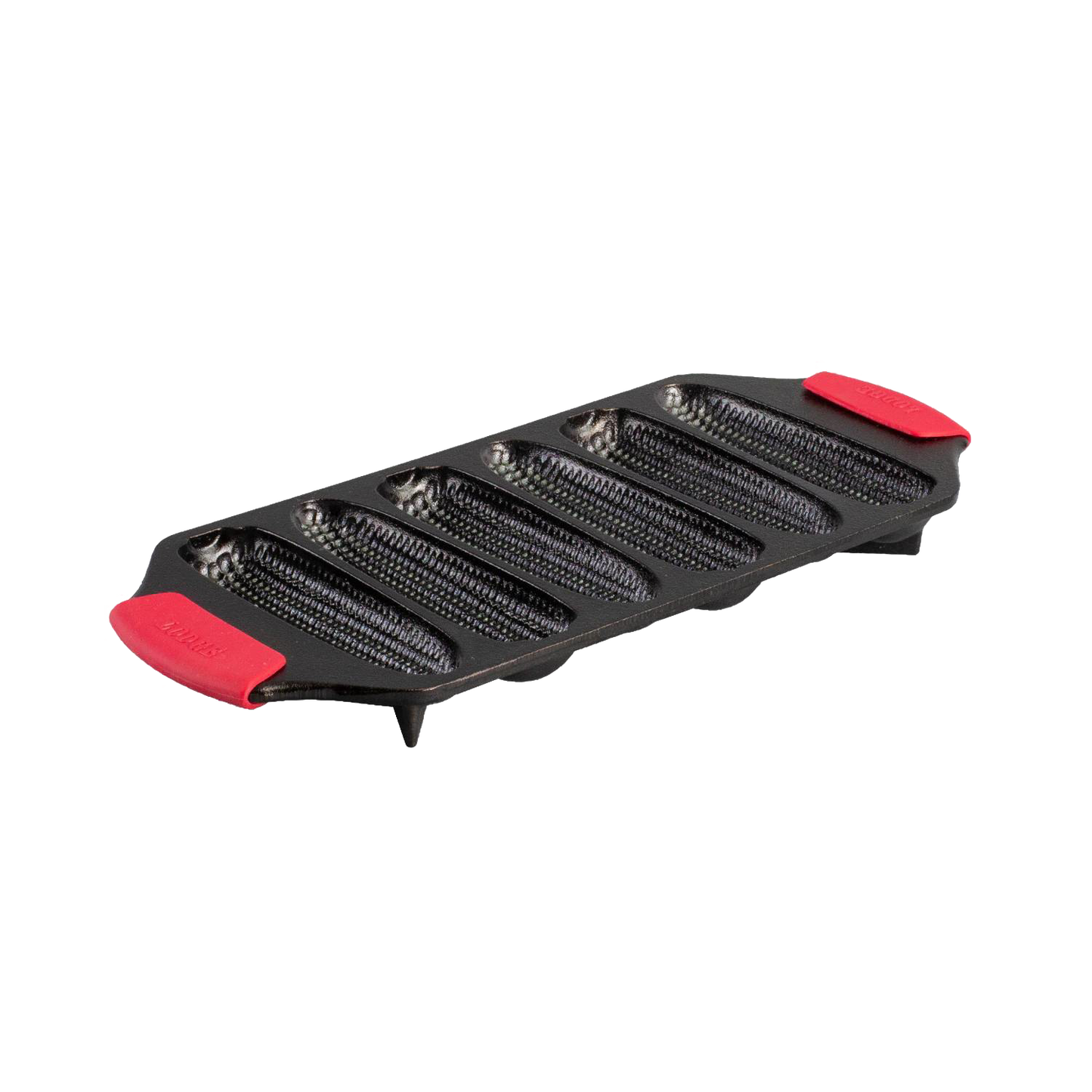 Seasoned cast iron cornstick pan with dual silicone handles and angled feet for stability, designed for Kitchen & Food, Cast Iron, USA Made, Best Sellers, and Cookware collections.