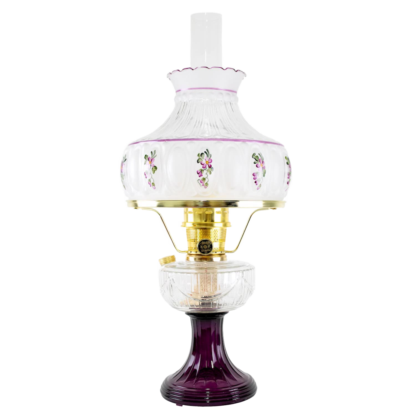 Handcrafted oil lamp with a deep purple glass base, clear font, and a decorative rose-patterned glass shade, featuring a brass burner, ideal for Farm, Garden & Tool and Homesteading collections.