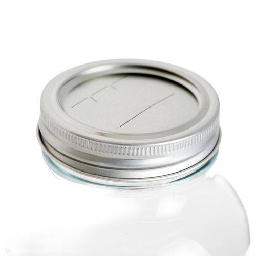 Silver metal regular-mouth canning lid and matching band with BPA-free sealing compound, shown on a clear glass jar, ideal for Kitchen & Food, Food Preservation, and Canning collections.