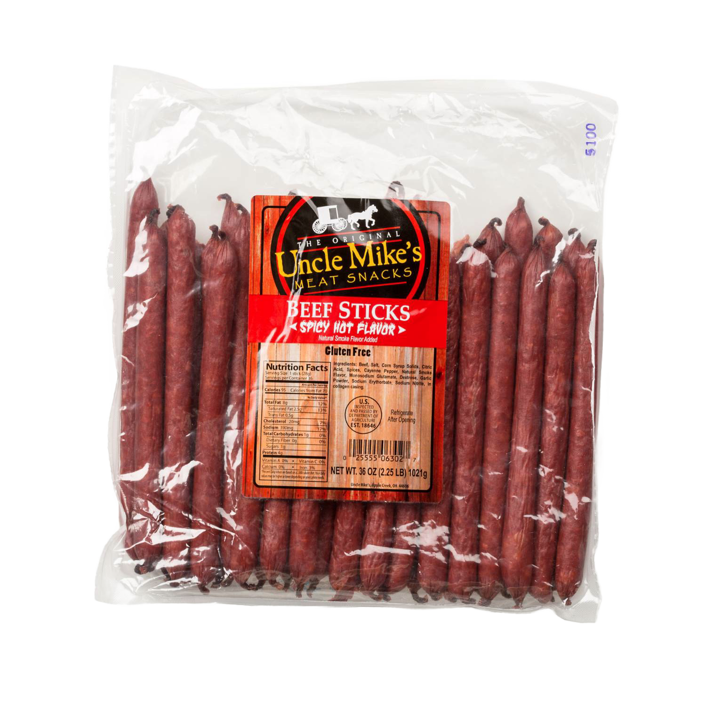 Clear large resealable package of handcrafted spicy hot beef sticks, gluten free, made in USA, perfect for Kitchen & Food, Snacks and Sweets, Meats, Holiday Hosting, Best Sellers, and Promo Eligible collections.
