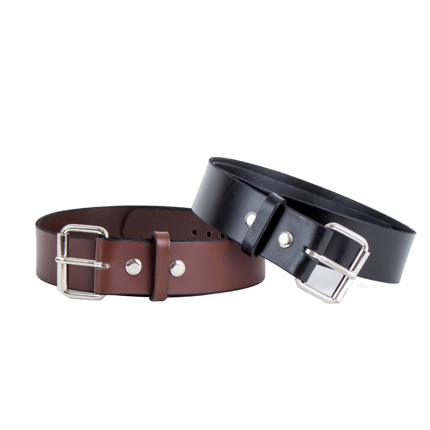 Pair of Amish handcrafted casual and work leather belts in rich brown and black, made from 100% genuine cowhide with polished chrome buckles and snaps, featured in Health & Wellness, Clothing and Accessories, USA Made, Amish Made, Best Sellers, and Promo Eligible collections.