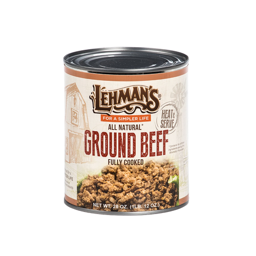 Handcrafted canned ground beef in a 28 oz. container, fully cooked and all natural, ideal for quick meals, featured in Kitchen & Food, Food, Meats, Best Sellers, and Promo Eligible collections.