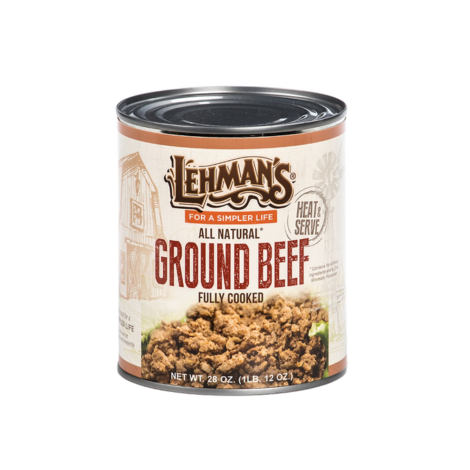 Handcrafted canned ground beef in a 28 oz. container, fully cooked and all natural, ideal for quick meals, featured in Kitchen & Food, Food, Meats, Best Sellers, and Promo Eligible collections.