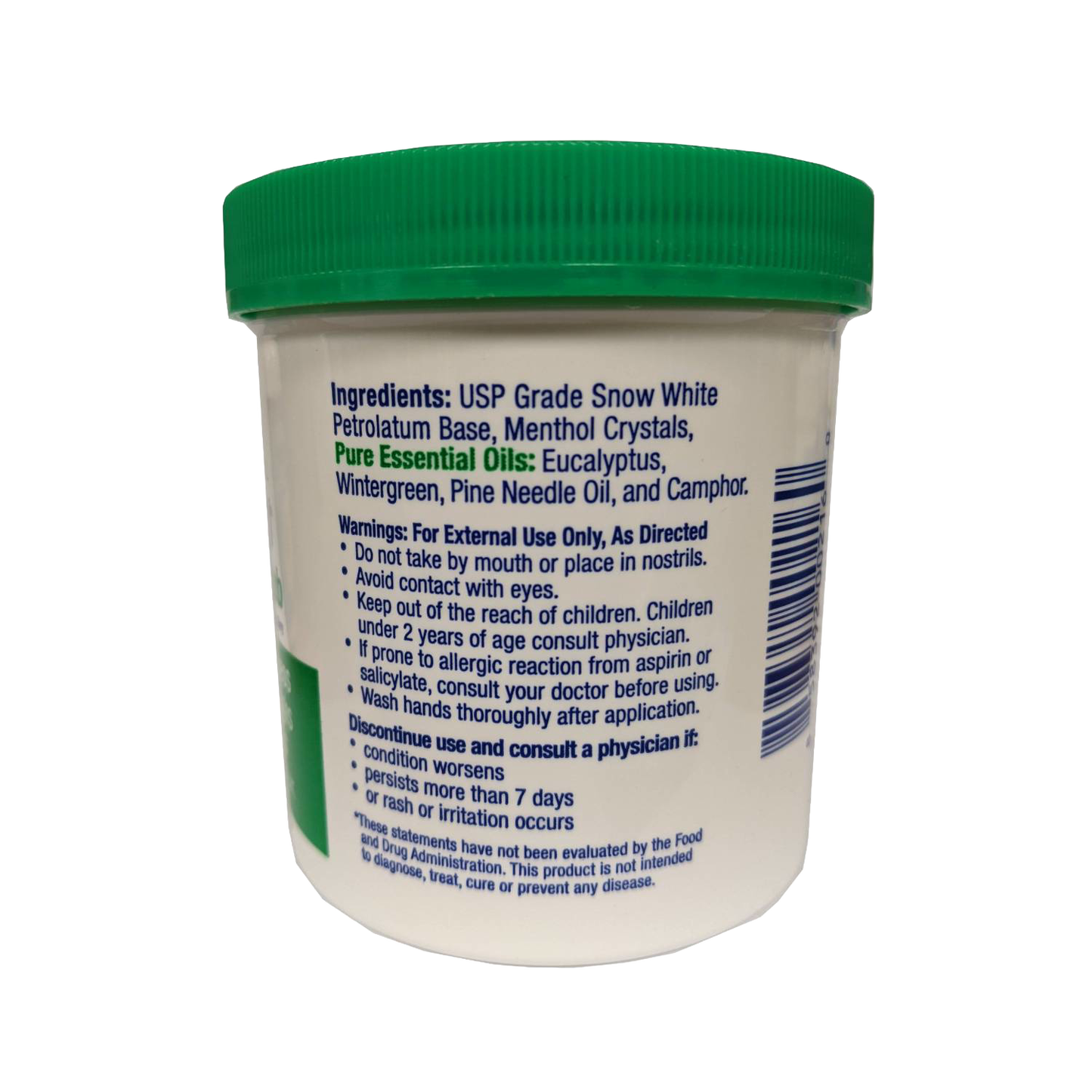 White container with green lid displaying ingredients including menthol and essential oils like eucalyptus and wintergreen, offering handcrafted relief in Health & Wellness, Health Remedies, USA Made, Best Sellers, and Promo Eligible collections.