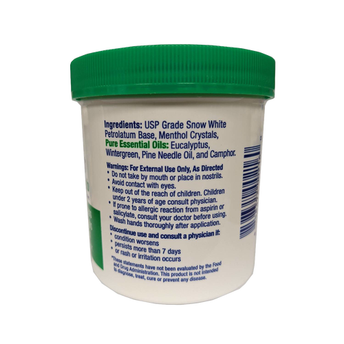 White container with green lid displaying ingredients including menthol and essential oils like eucalyptus and wintergreen, offering handcrafted relief in Health & Wellness, Health Remedies, USA Made, Best Sellers, and Promo Eligible collections.