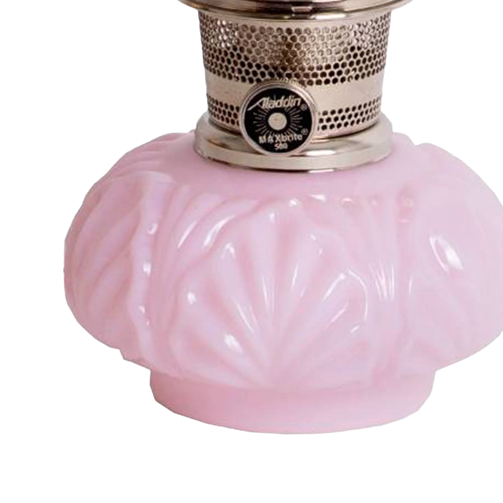 Limited edition handcrafted oil lamp with a pale pink Crown Tuscan glass base and bright metal burner, ideal for Lamps & Lighting, Oil Lamps, Table Lamps, and Best Sellers collections.