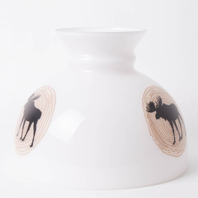 Handcrafted 10-inch glass lamp shade featuring black moose silhouettes set within rustic wood grain circles, designed to soften light, part of Lamps & Lighting, Parts and Accessories, Lamp Shades, Best Sellers, and Promo Eligible collections.