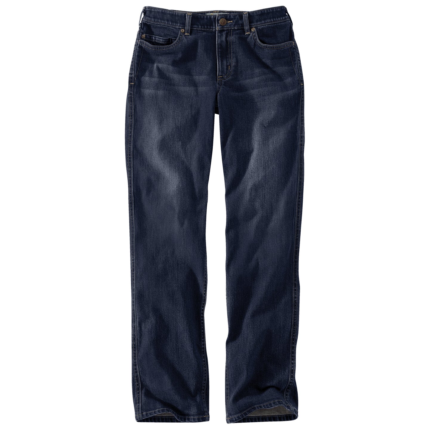 Pair of dark wash denim jeans with classic five-pocket design and metal button closure, perfect for casual wear and durable daily use.