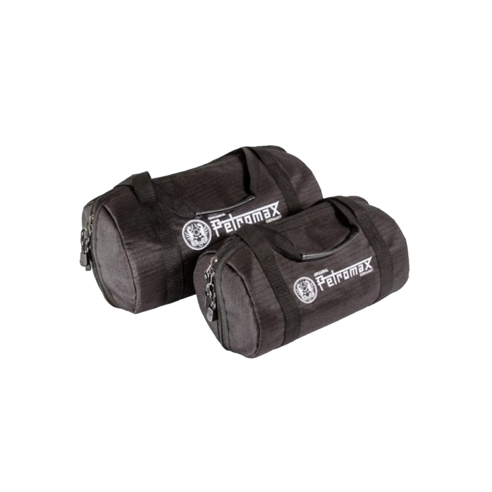 Two black ripstop fabric transport bags with sturdy handles and zippered closures, designed for protecting cookware, featured in Kitchen & Food, Cast Iron, and Best Sellers collections.
