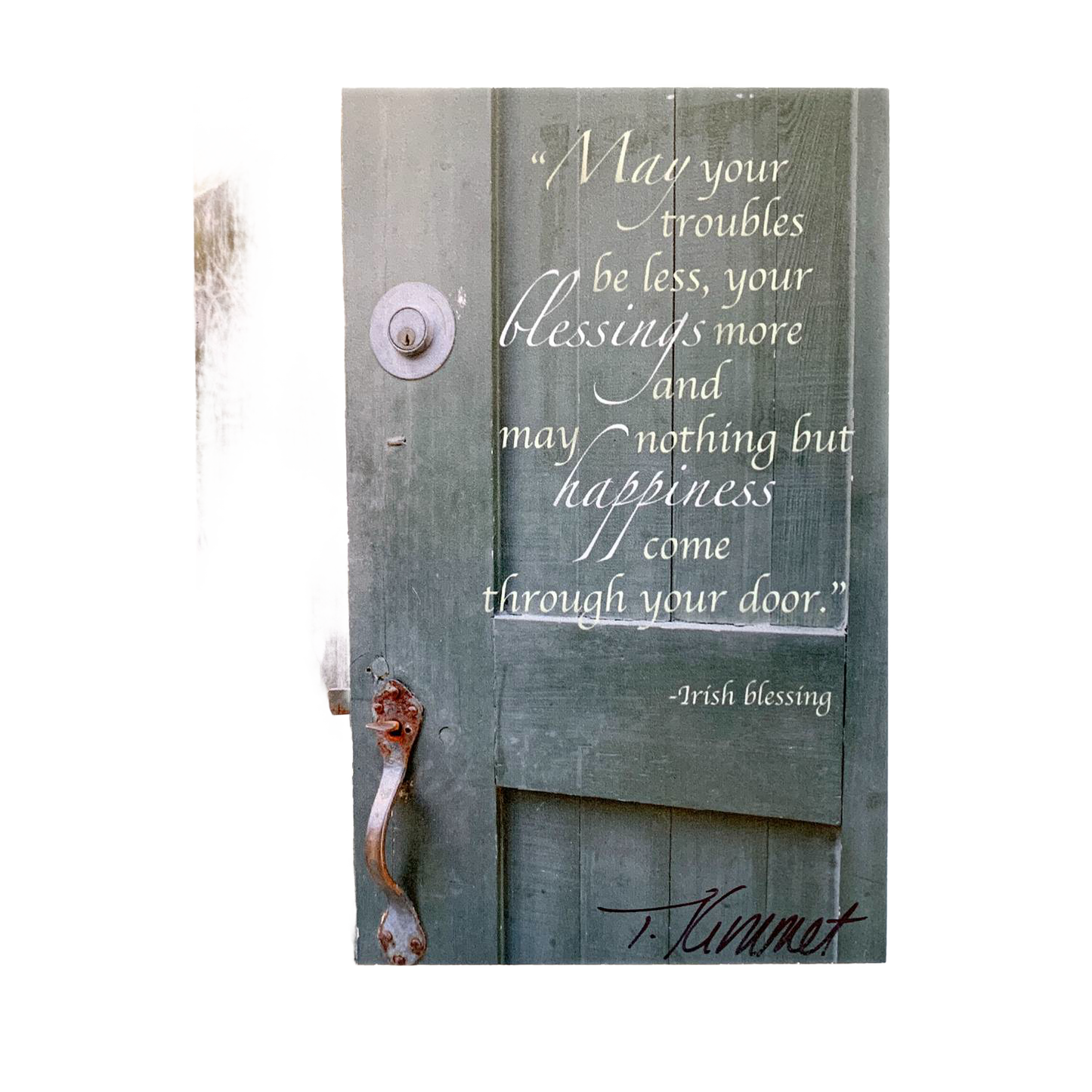 Handcrafted 5"x7" plaque featuring an inviting weathered green door with an inspiring Irish blessing about blessings and happiness, ideal for Home & Decor, Best Sellers, and Promo Eligible collections.