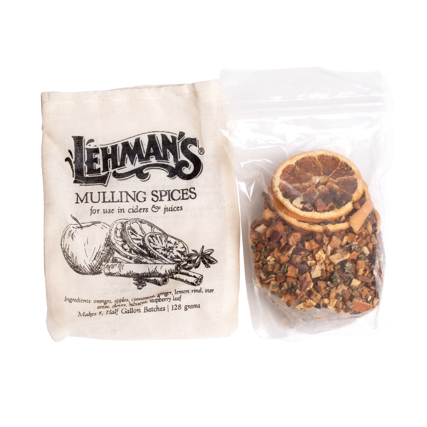 Handcrafted packet of Lehman's mulling spices featuring dried orange slices, cinnamon, and other aromatics, made in USA for Kitchen & Food, Beverages, Food, Best Sellers, and Promo Eligible collections.