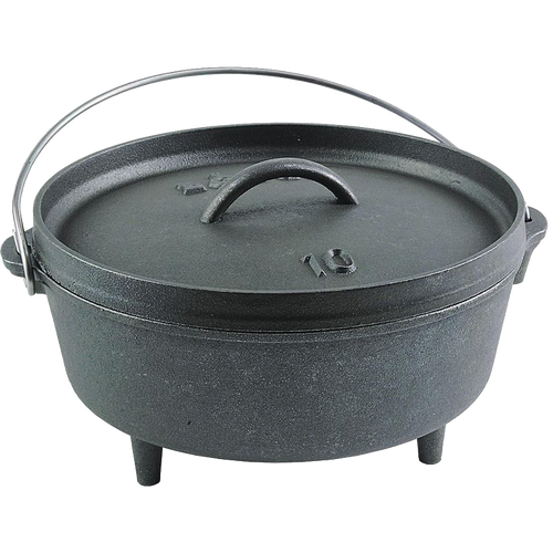 Sturdy cast iron camp Dutch oven with built-in legs and handle, designed for versatile outdoor cooking; crafted in the USA and featured in Farm, Garden & Tool, Camping, and Cast Iron collections.