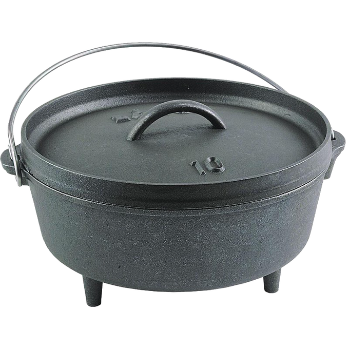 Sturdy cast iron camp Dutch oven with built-in legs and handle, designed for versatile outdoor cooking; crafted in the USA and featured in Farm, Garden & Tool, Camping, and Cast Iron collections.