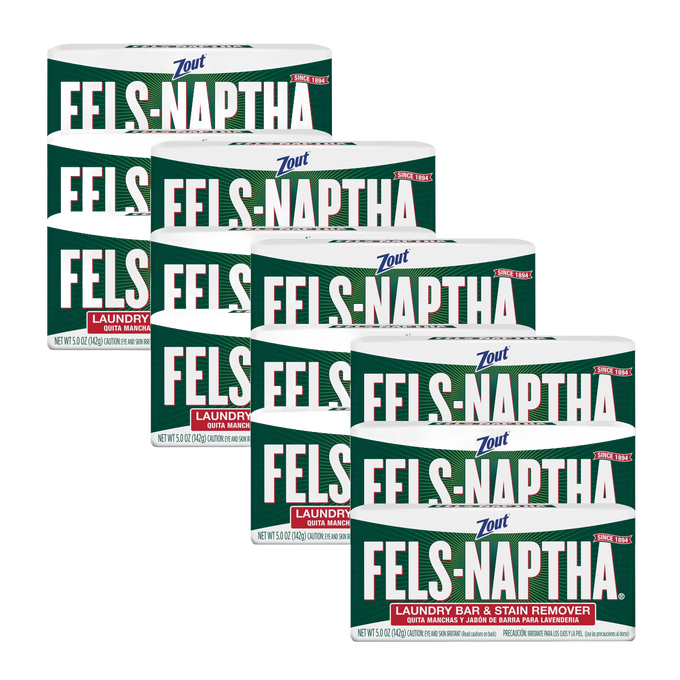 Stack of Fels-Naptha laundry bars in green and white packaging, handcrafted quality made in USA, featured in Home & Decor, Soaps and Soapmaking, Laundry Supplies, Best Sellers, and Promo Eligible collections.