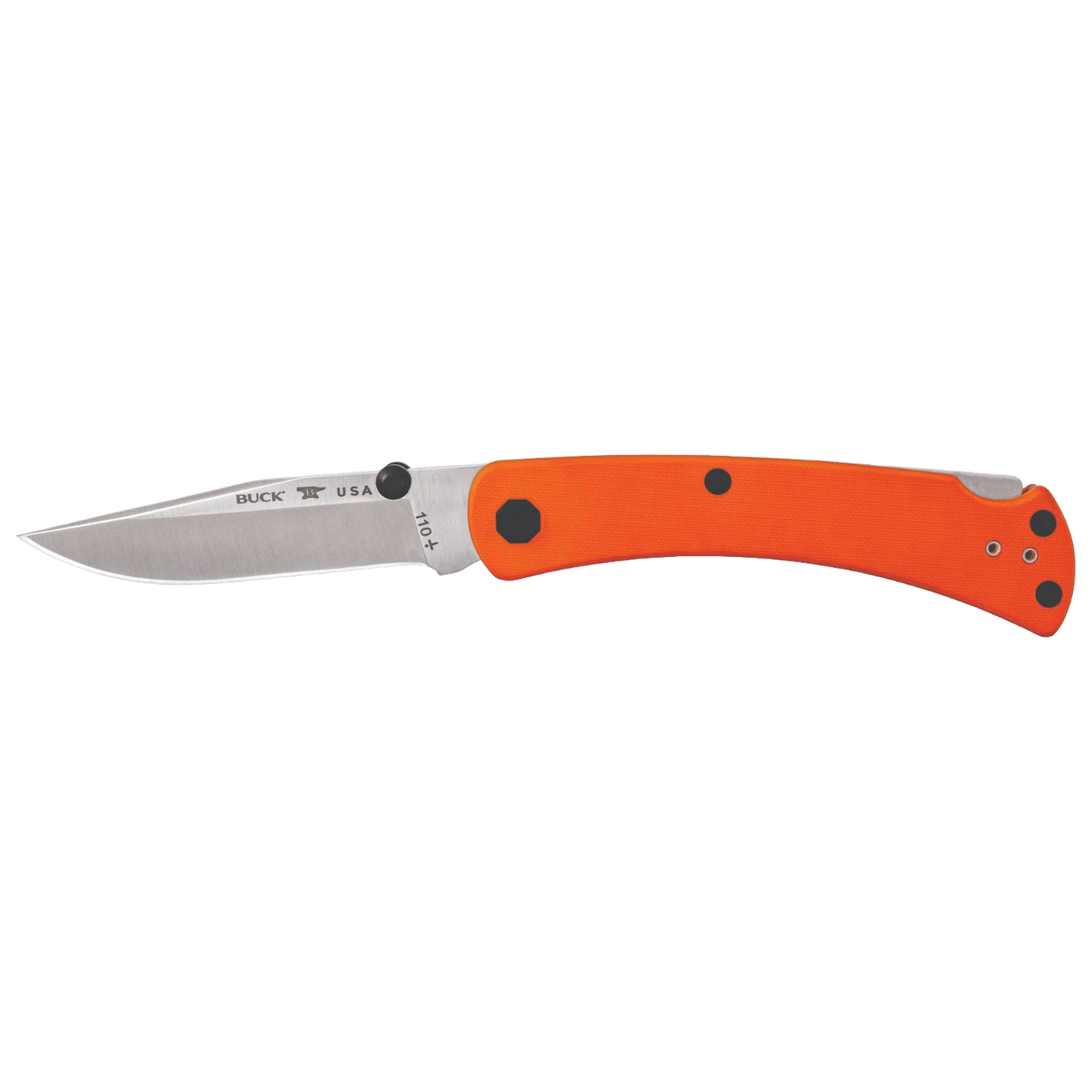 Slim folding knife with bright orange lightweight handle, slim 0.45-inch thick stainless steel blade, dual thumbstuds, and reversible pocket clip, made in USA for Farm, Garden & Tool, Hand Tools and Hardware, and Best Sellers collections.