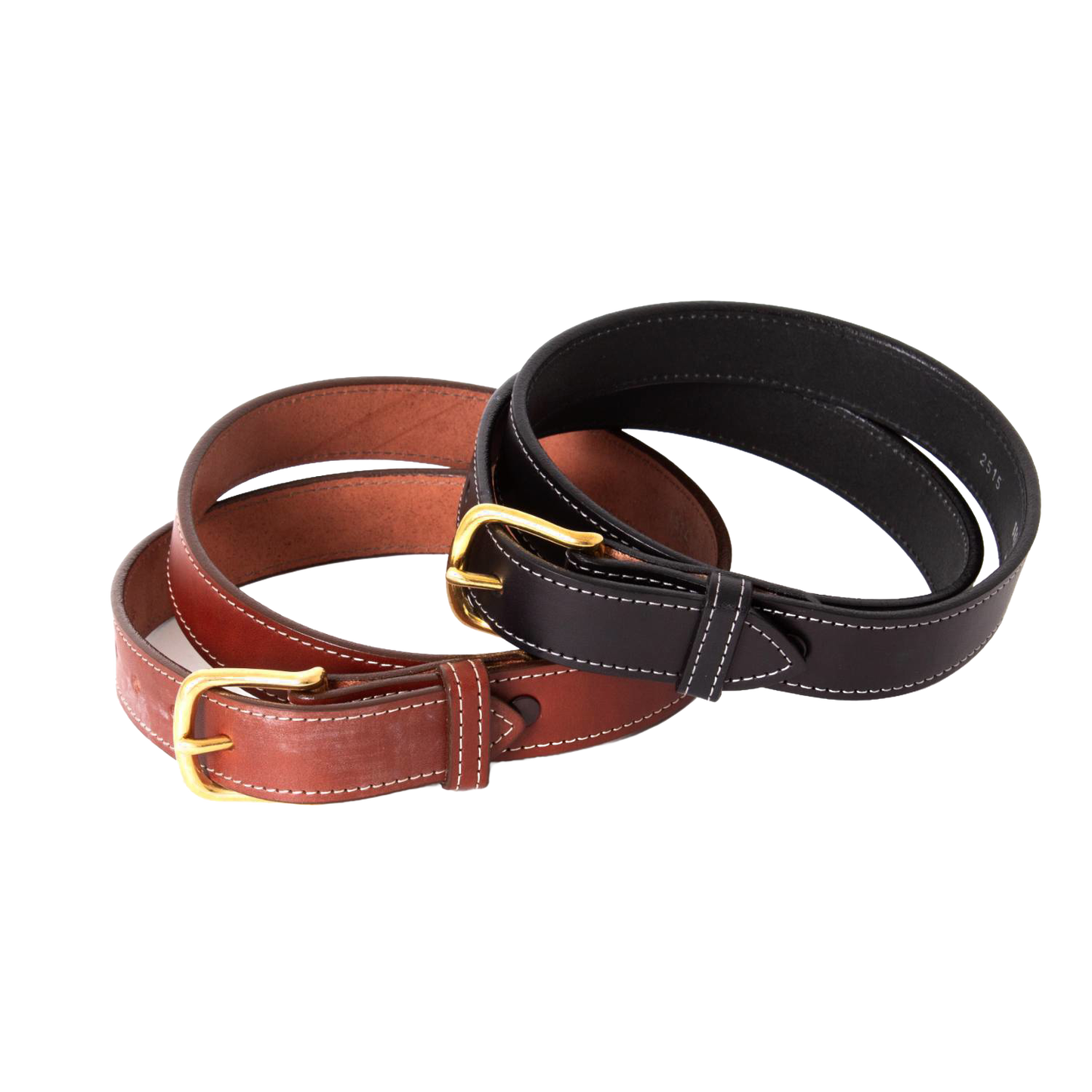 Pair of handcrafted Amish-made genuine English bridle leather belts in classic black and rich brown, featuring fine stitching, polished brass buckles, and included in USA Made, Amish Made, Best Sellers collections.
