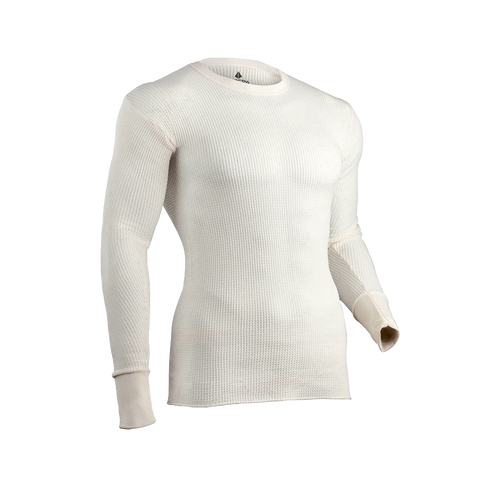 Cream-colored men's long johns shirt made with circular waffle knit fabric, handcrafted to provide warmth and comfort, ideal for Health & Wellness and Clothing collections.