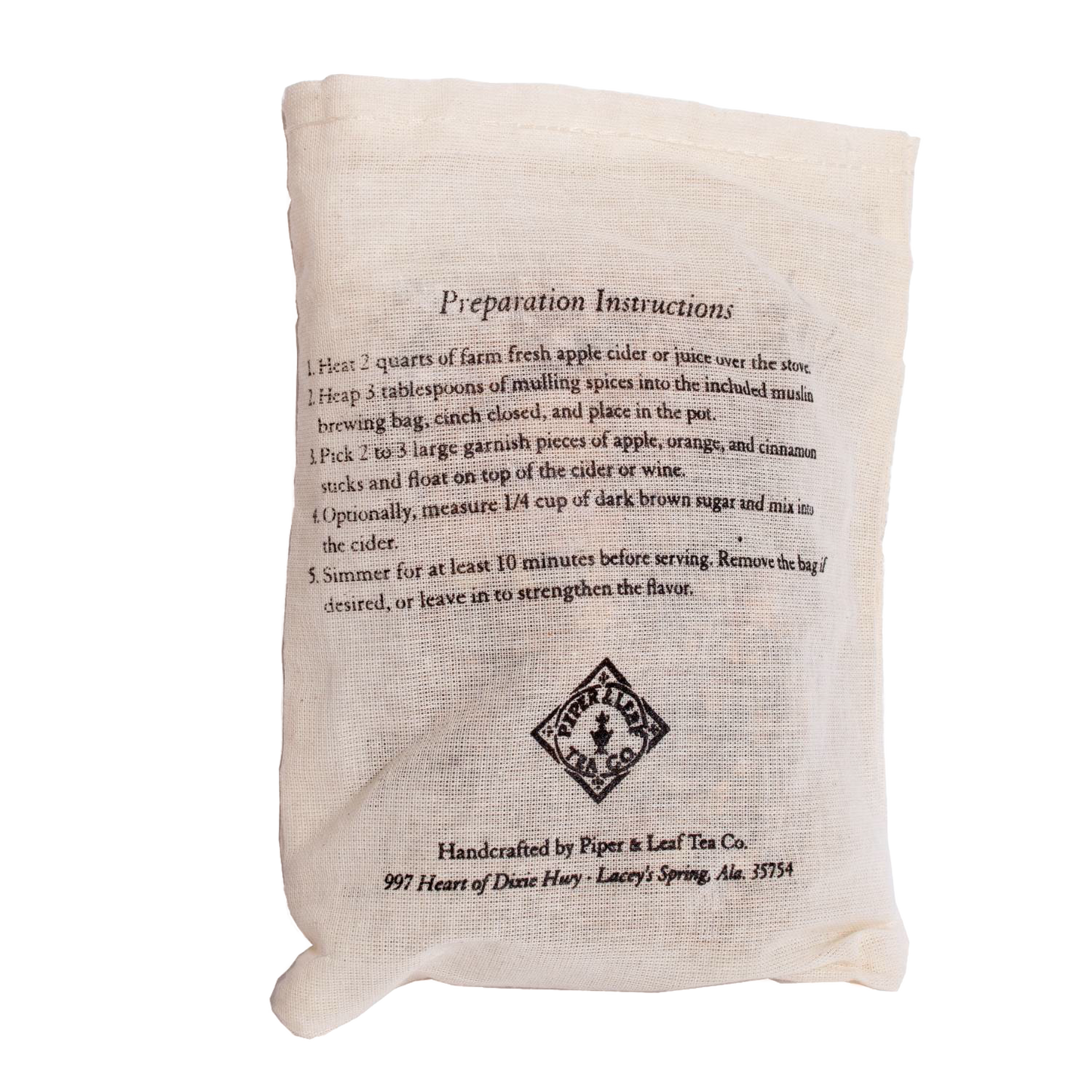 Muslin bag of handcrafted mulling spices with printed preparation instructions for making mulled cider, featured in Kitchen & Food, Beverages, USA Made, Best Sellers, and Promo Eligible collections.