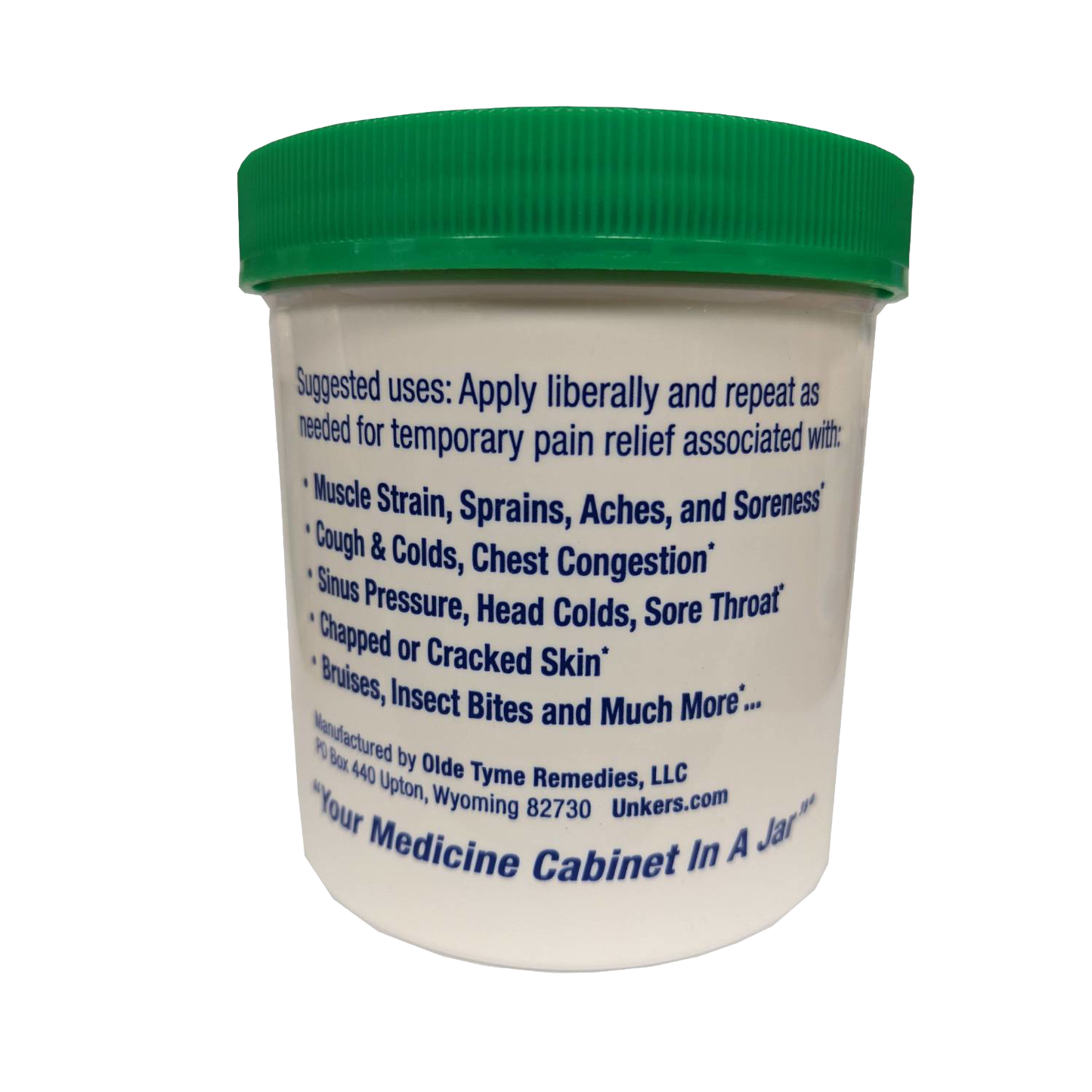 Jar of handcrafted therapeutic rub with green lid, listing uses like muscle aches, colds, skin care, and insect bites, featured in Health & Wellness, USA Made, and Best Sellers collections.