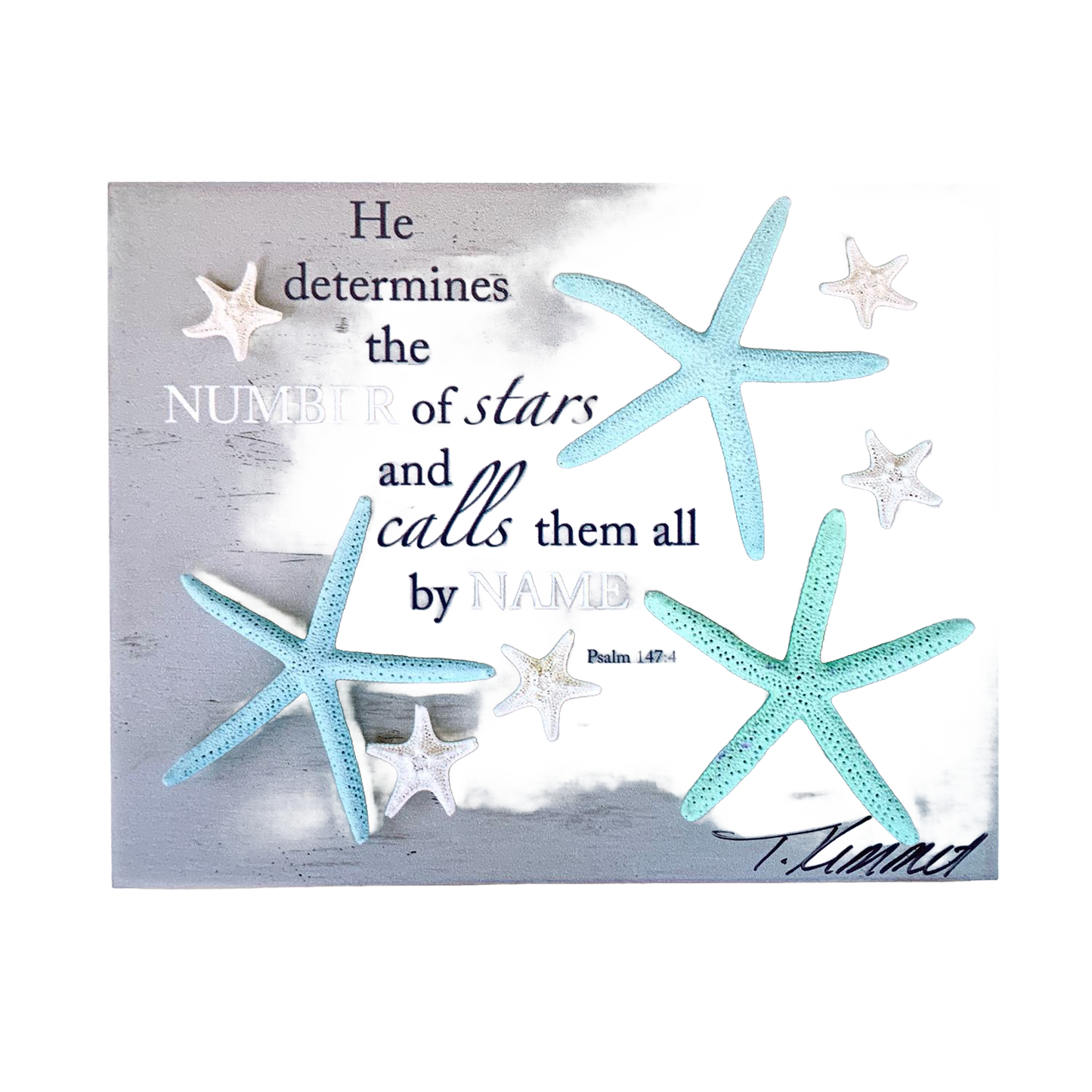 Handcrafted magnet featuring blue and white starfish on a soft gray background with an inspiring Bible verse from Psalm 147:4, perfect for Home & Decor, Best Sellers, and Promo Eligible collections.