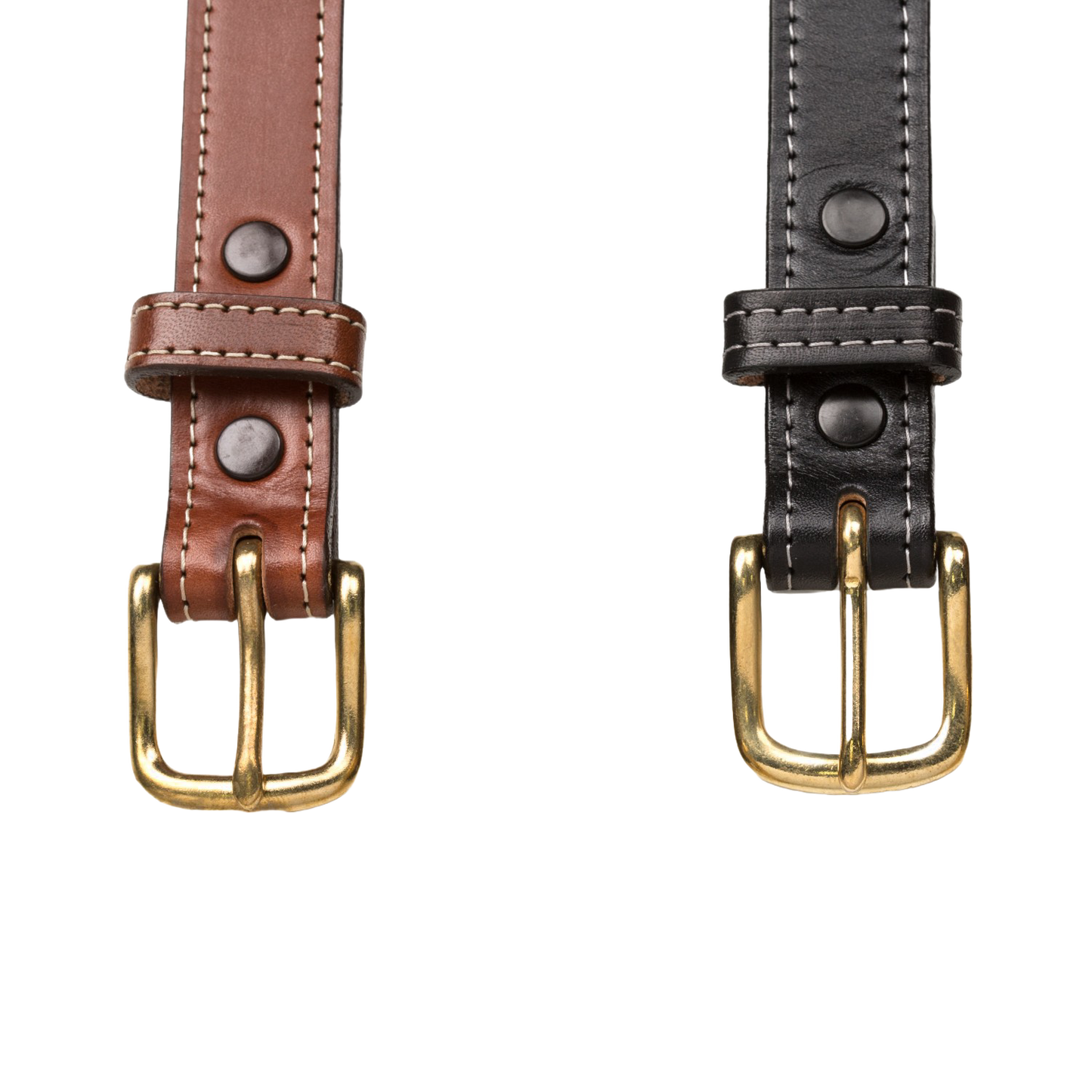 Handcrafted Amish-made dressy leather belts in genuine English bridle leather, featuring fine stitching and brass buckles in black and brown, part of USA Made and Best Sellers collections.