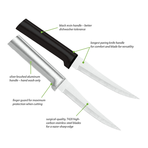 Pair of handcrafted Rada Super Parer knives with high carbon surgical steel blades, featuring solid aluminum and durable black handles, ideal for food prep in kitchen and farm tool collections.