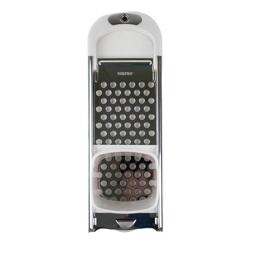 Handcrafted spaetzle maker featuring a stainless steel grater with large holes and white plastic frame, designed for easy noodle preparation, ideal for Kitchen & Food and Cooking Helpers collections.