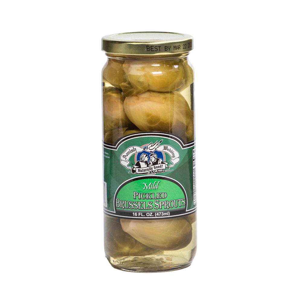 Clear glass jar of handcrafted mild pickled Brussels sprouts in light brine with a green label and gold lid, made in USA, featured in Kitchen & Food, Pantry, Best Sellers, and Promo Eligible collections.