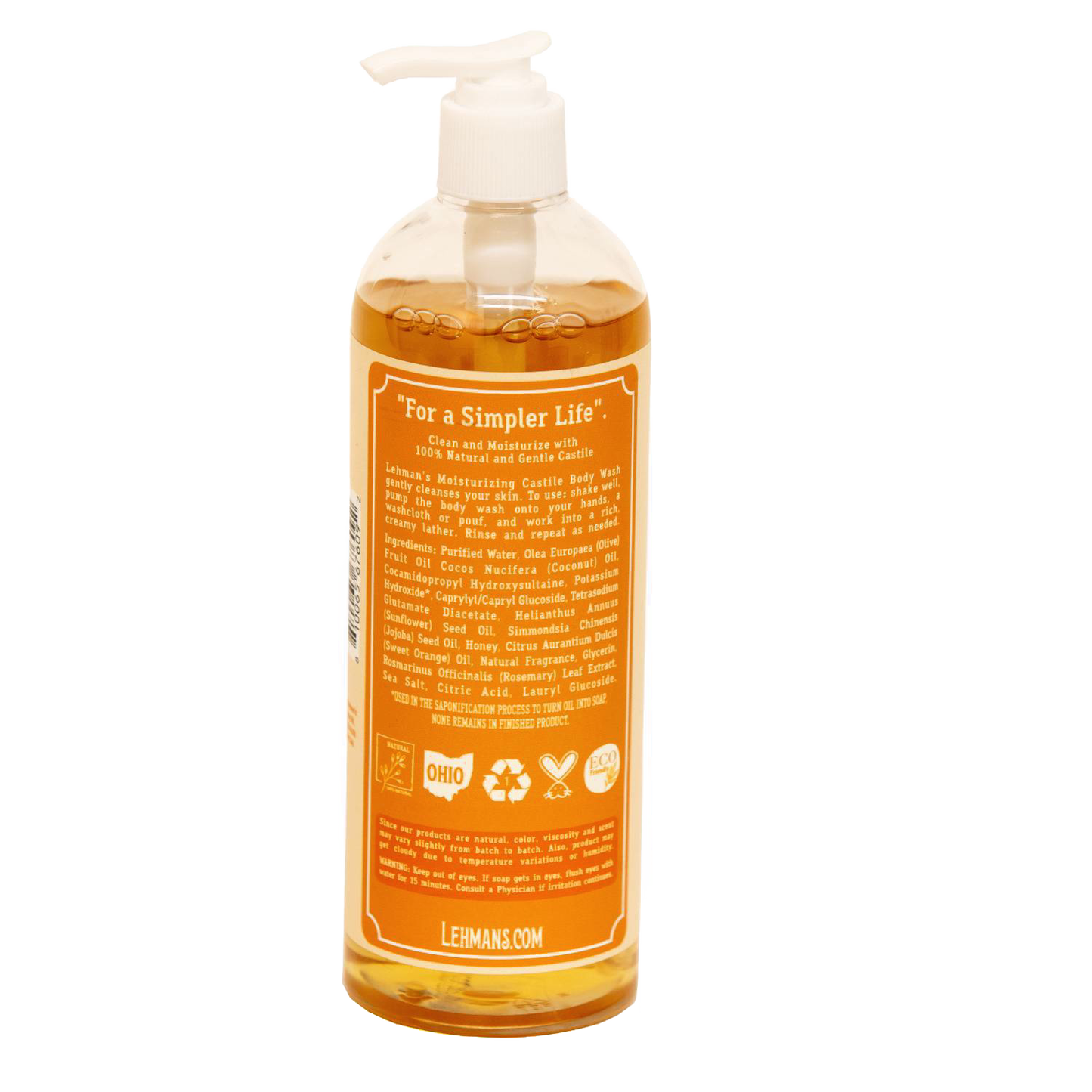 Handcrafted 16 fl oz clear pump bottle of Lehman's moisturizing Castile body wash in warm amber color, made in USA, featuring natural ingredients and part of Health & Wellness, Grooming and Personal Hygiene, and Best Sellers collections.