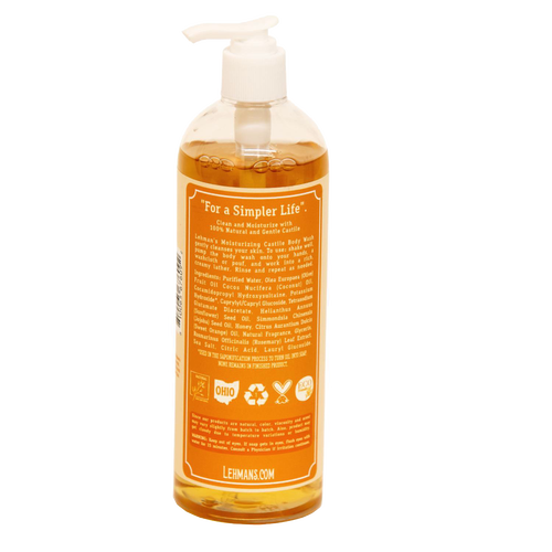 Handcrafted 16 fl oz clear pump bottle of Lehman's moisturizing Castile body wash in warm amber color, made in USA, featuring natural ingredients and part of Health & Wellness, Grooming and Personal Hygiene, and Best Sellers collections.