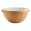 Beige earthenware mixing bowl with embossed geometric patterns on the exterior and a smooth white interior, designed for Kitchen & Food, Cookware, and Baking Supplies collections.