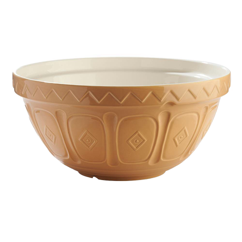 Beige earthenware mixing bowl with embossed geometric patterns on the exterior and a smooth white interior, designed for Kitchen & Food, Cookware, and Baking Supplies collections.