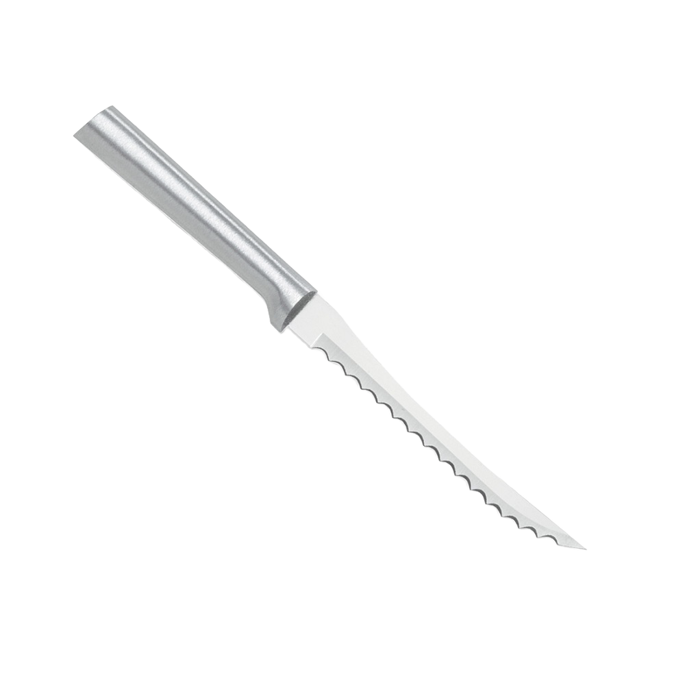 Serrated cutting knife with a solid aluminum handle and high-carbon stainless steel blade, handcrafted in the USA, ideal for kitchen food prep and slicing tomatoes thinly.