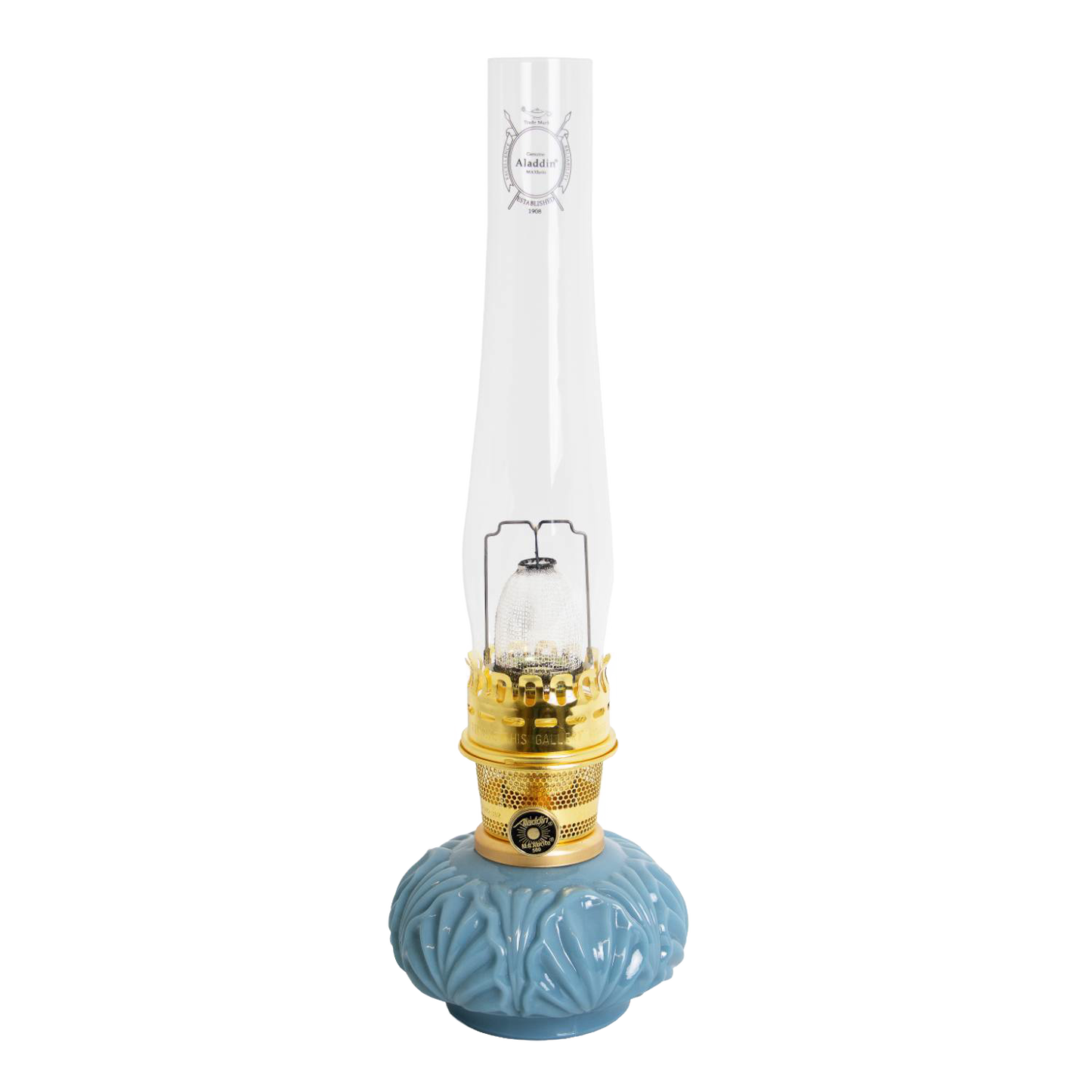 Handcrafted limited edition oil lamp with glossy Georgia Blue glass base and tall clear chimney, perfect for Lamps & Lighting, Oil Lamps, Table Lamps, Best Sellers, and Promo Eligible collections.