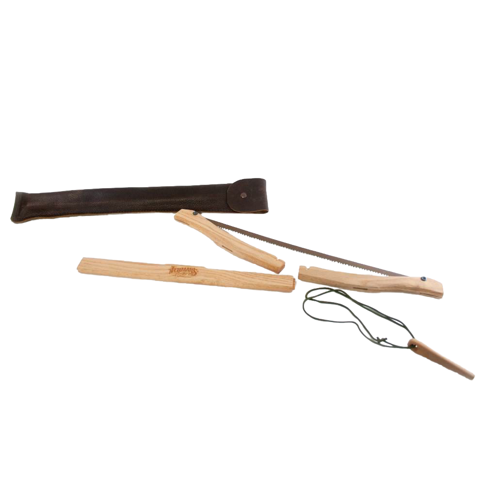 Handcrafted wooden frame bow saw with high carbon steel blade and tensioning rope, featuring a dark leather protective case, perfect for farm, garden & tool and wood cutting collections.