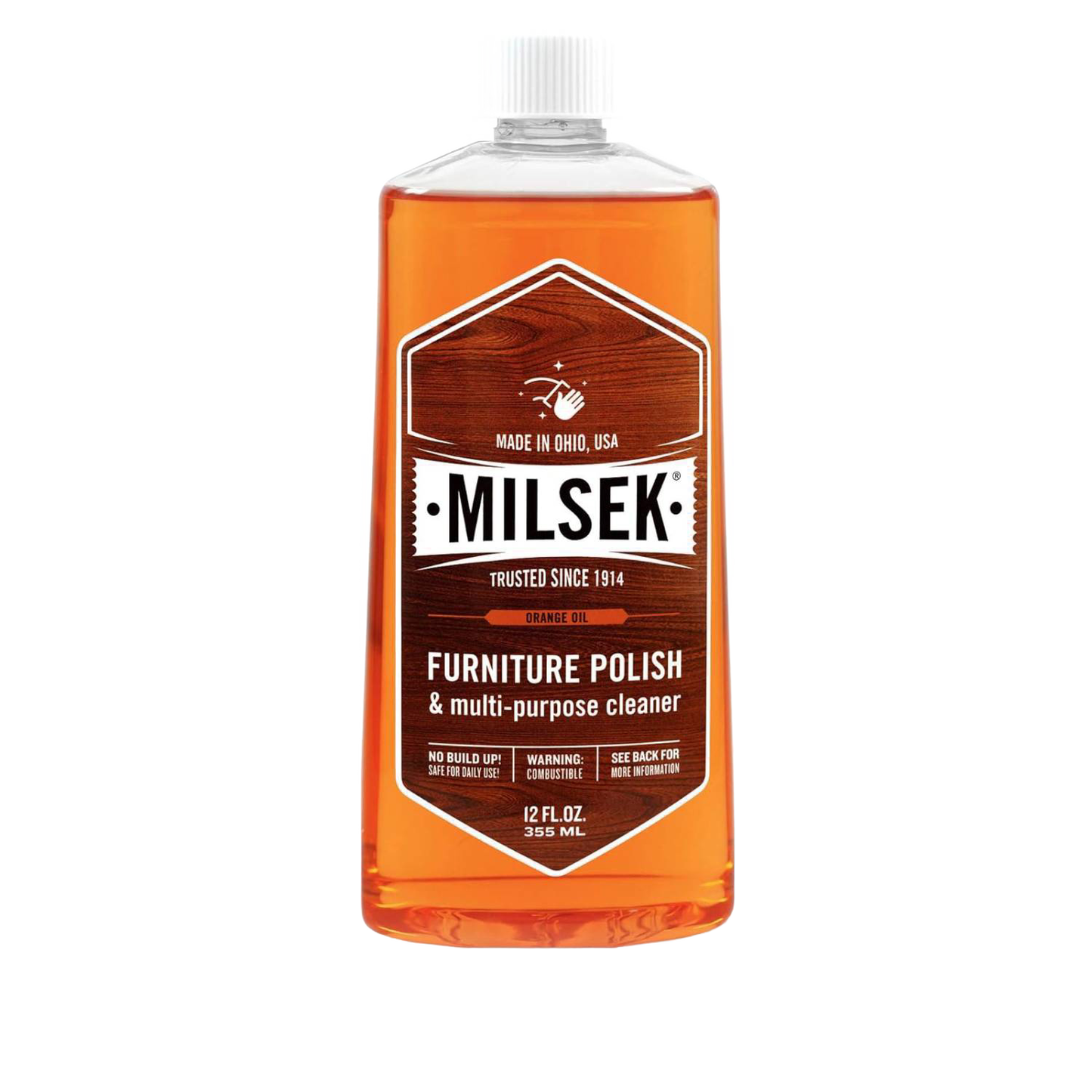 Clear plastic bottle of orange oil wood furniture polish and multi-purpose cleaner with white cap and vintage label, suitable for Home & Decor, Household Cleaning, and USA Made collections.