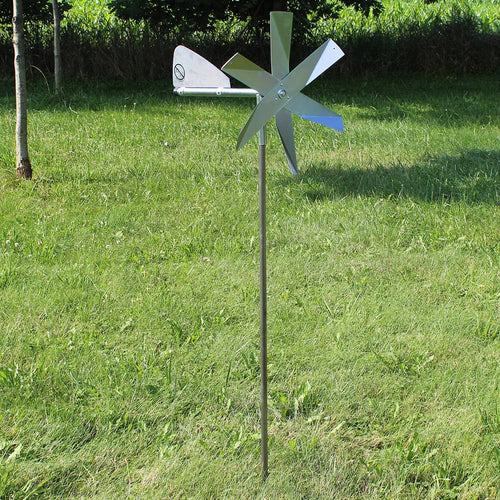 Unique handcrafted mole chasing windmill with polished metal blades and a tail vane on a slender post, designed for humane pest control in Farm, Garden & Tool, Lawncare, Pest Control, Best Sellers, and Promo Eligible collections.