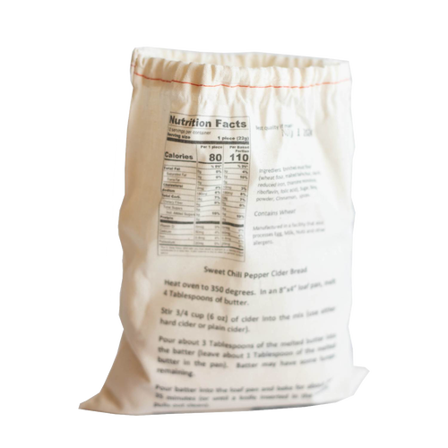 Natural fabric drawstring bag featuring handcrafted Sweet Chili Pepper Cider Bread mix with baking instructions and nutritional information, ideal for Kitchen & Food, Pantry, Dry Goods and Mixes, Best Sellers, Promo Eligible collections.