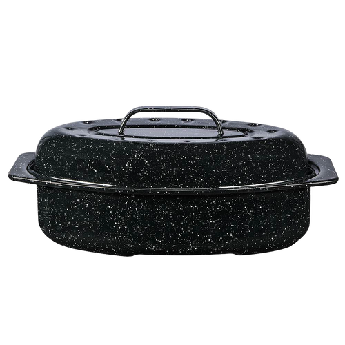 Oval enamel-on-steel roaster in classic speckled black finish featuring a domed lid with interior dimples for self-basting, suited for Kitchen & Food, Cookware, and Best Sellers collections.