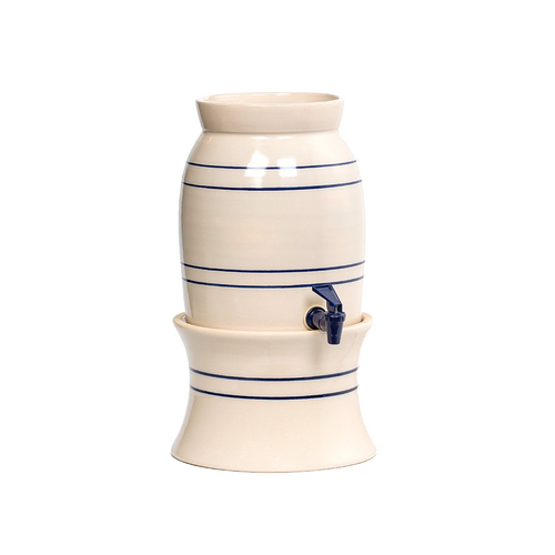 Handcrafted stoneware water cooler and vinegar crock in cream with blue stripes and durable dark blue spigot, made in USA, fitting Kitchen & Food, Storage and Serving, Best Sellers collections.